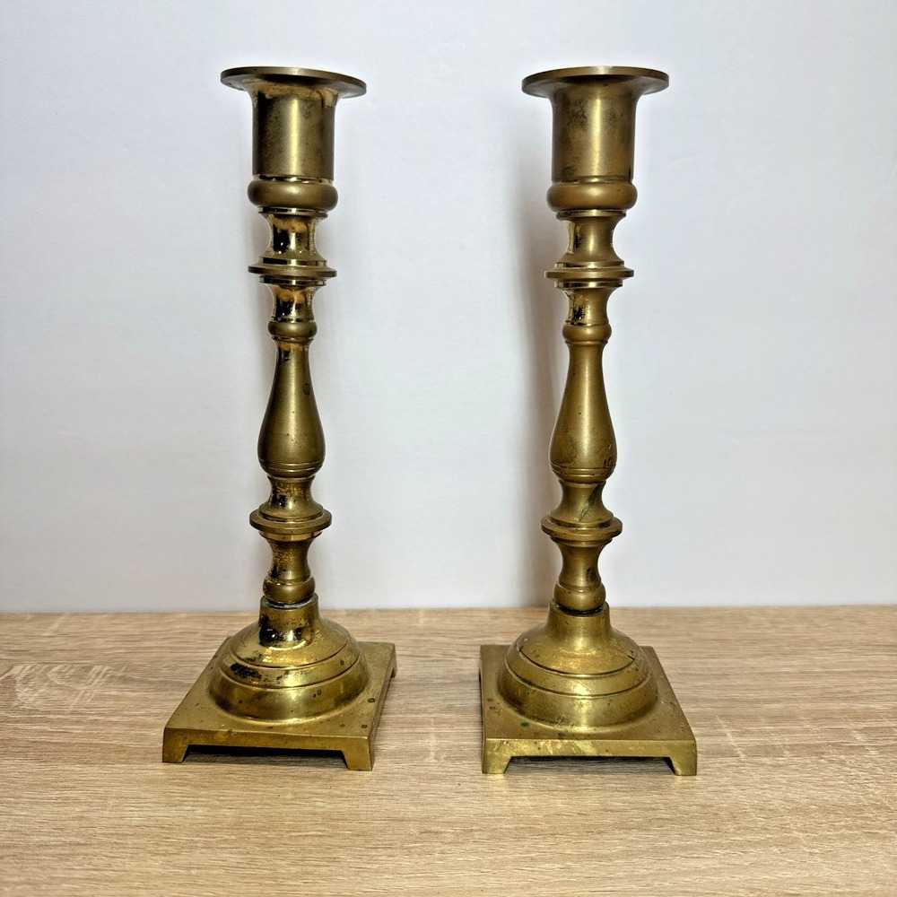 Vintage Brass Candlestick Holders Mismatched Pair Tall Square Base Traditional
